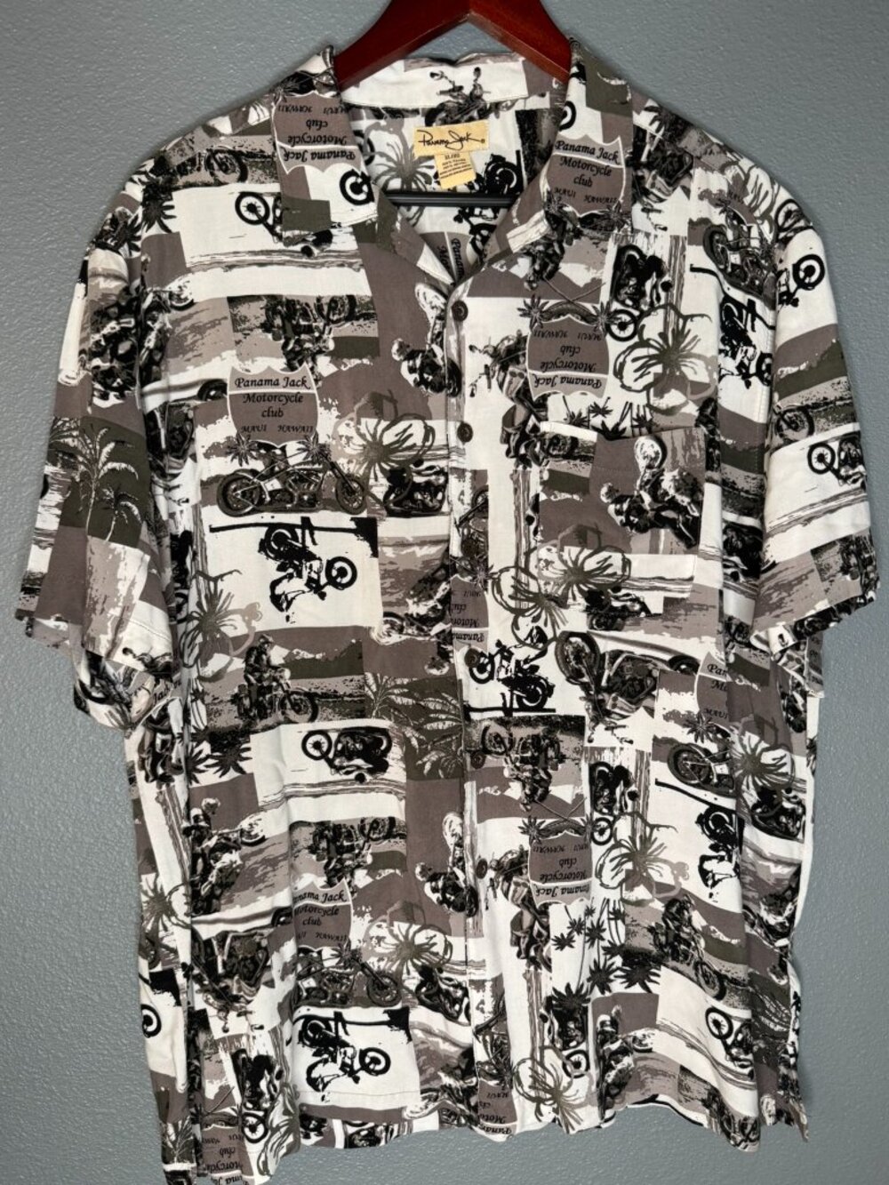 Panama Jack Motorcycle Hawaiian Camp Shirt Rayon Mens XL Gray Black Short Sleeve